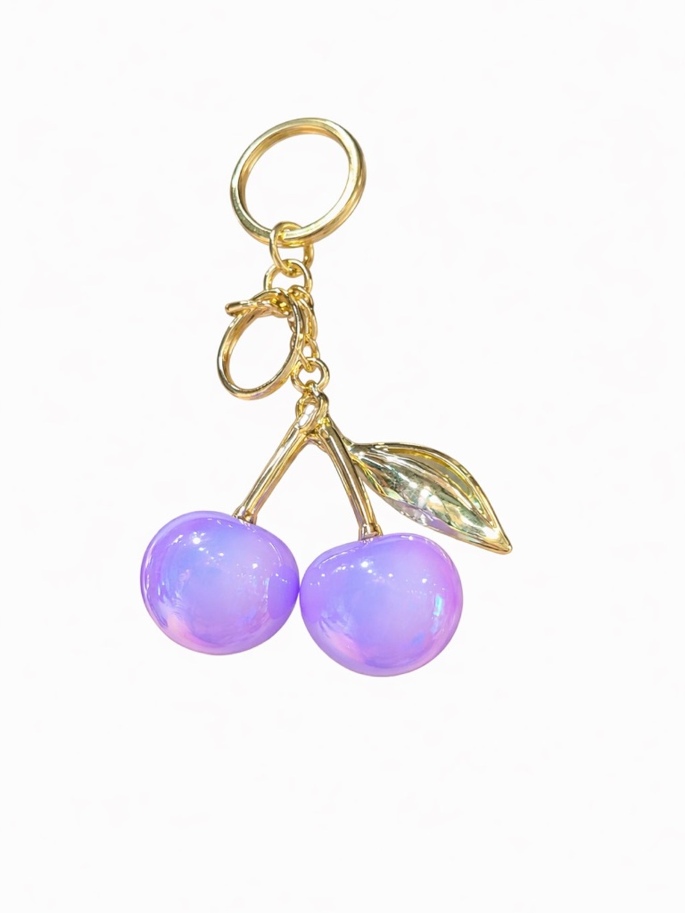 Gold-Tone Key & Card Charm with Iridescent Purple Cherries